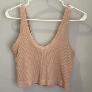 Pale Pink Low-Cut Cropped Ribbed Tank Top
